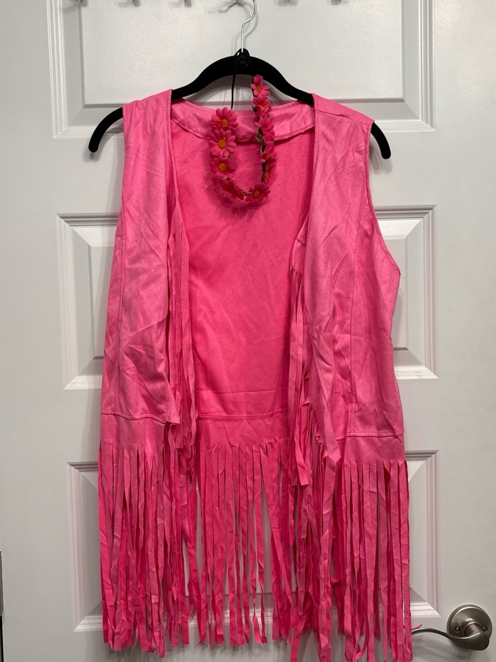 Women’s Pink Fringe 70s Halloween costume with accessories